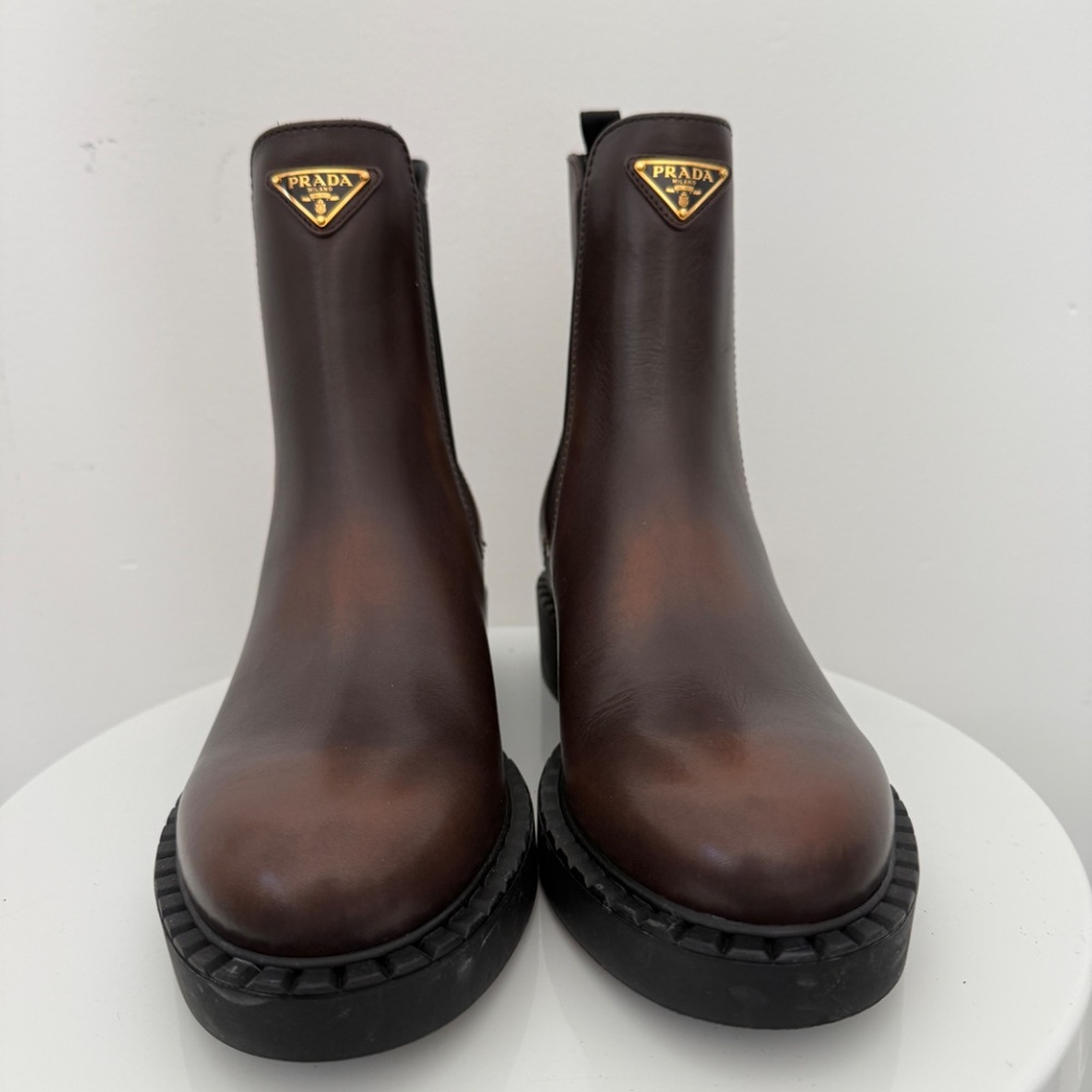 PRADA Chocolate Brown Brushed Leather Chelsea Ankle Boots Designer - Picture 1 of 12